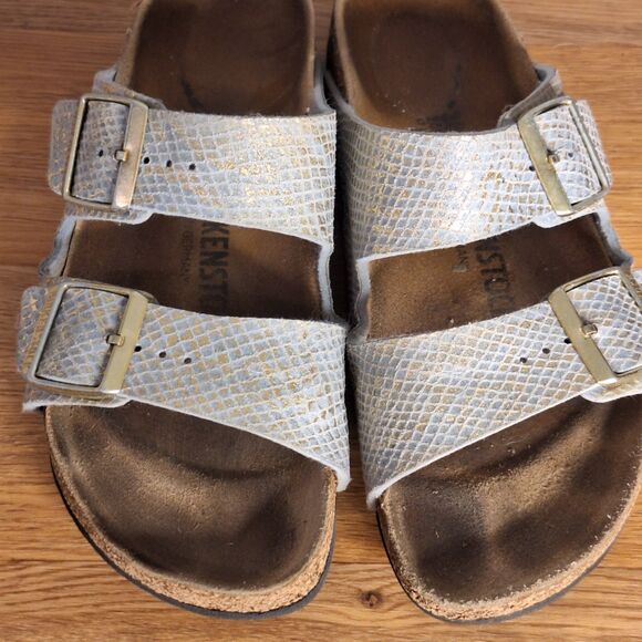 Birkenstock Arizona Women’s 7 EU 38 Narrow Shiny Python Blue Gold Slide Sandals - Picture 4 of 10